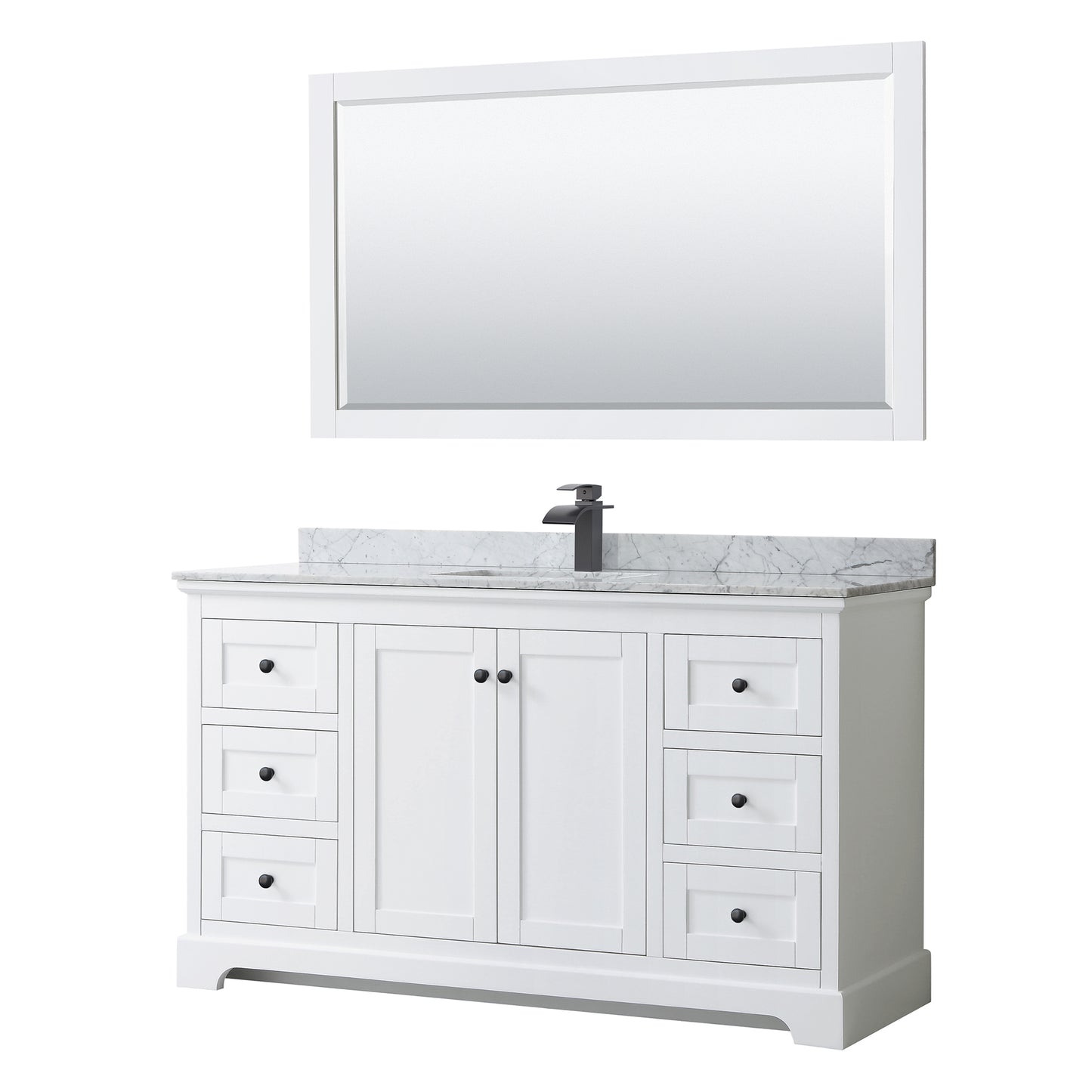 Avery 60 Inch Single Bathroom Vanity in White, White Carrara Marble Countertop, Undermount Square Sink, Matte Black Trim, 58 Inch Mirror