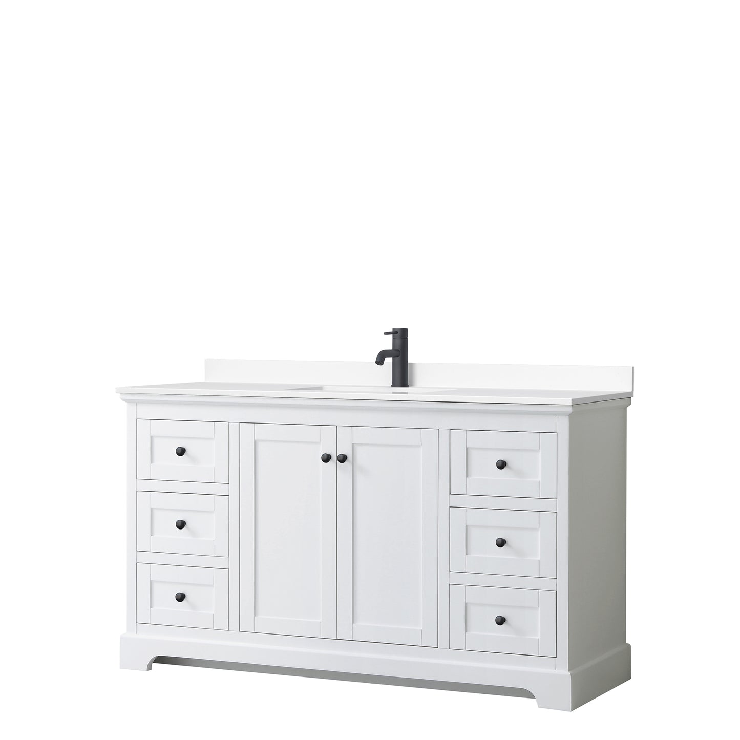 Avery 60 Inch Single Bathroom Vanity in White, White Cultured Marble Countertop, Undermount Square Sink, Matte Black Trim