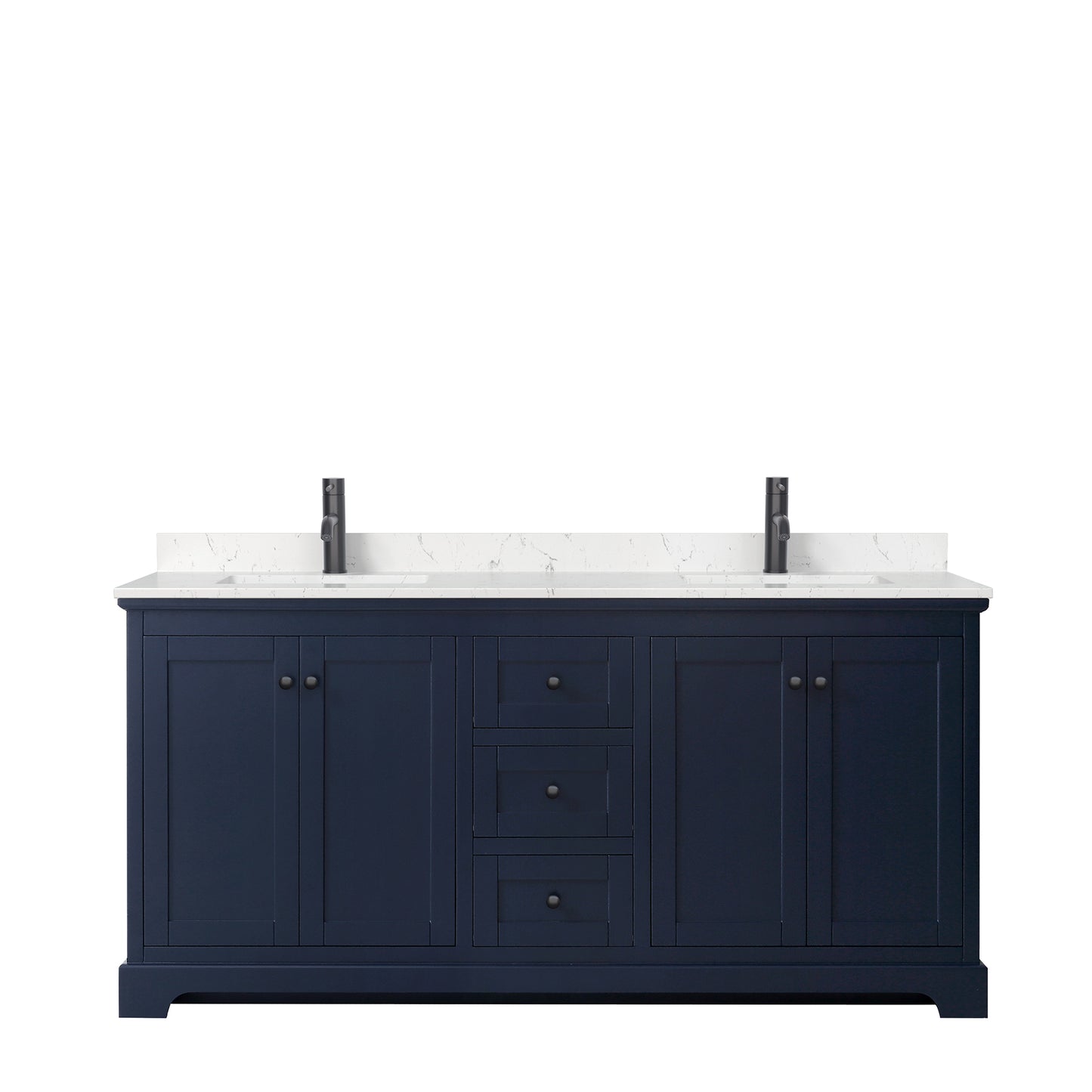 Avery 72 Inch Double Bathroom Vanity in Dark Blue, Carrara Cultured Marble Countertop, Undermount Square Sinks, Matte Black Trim