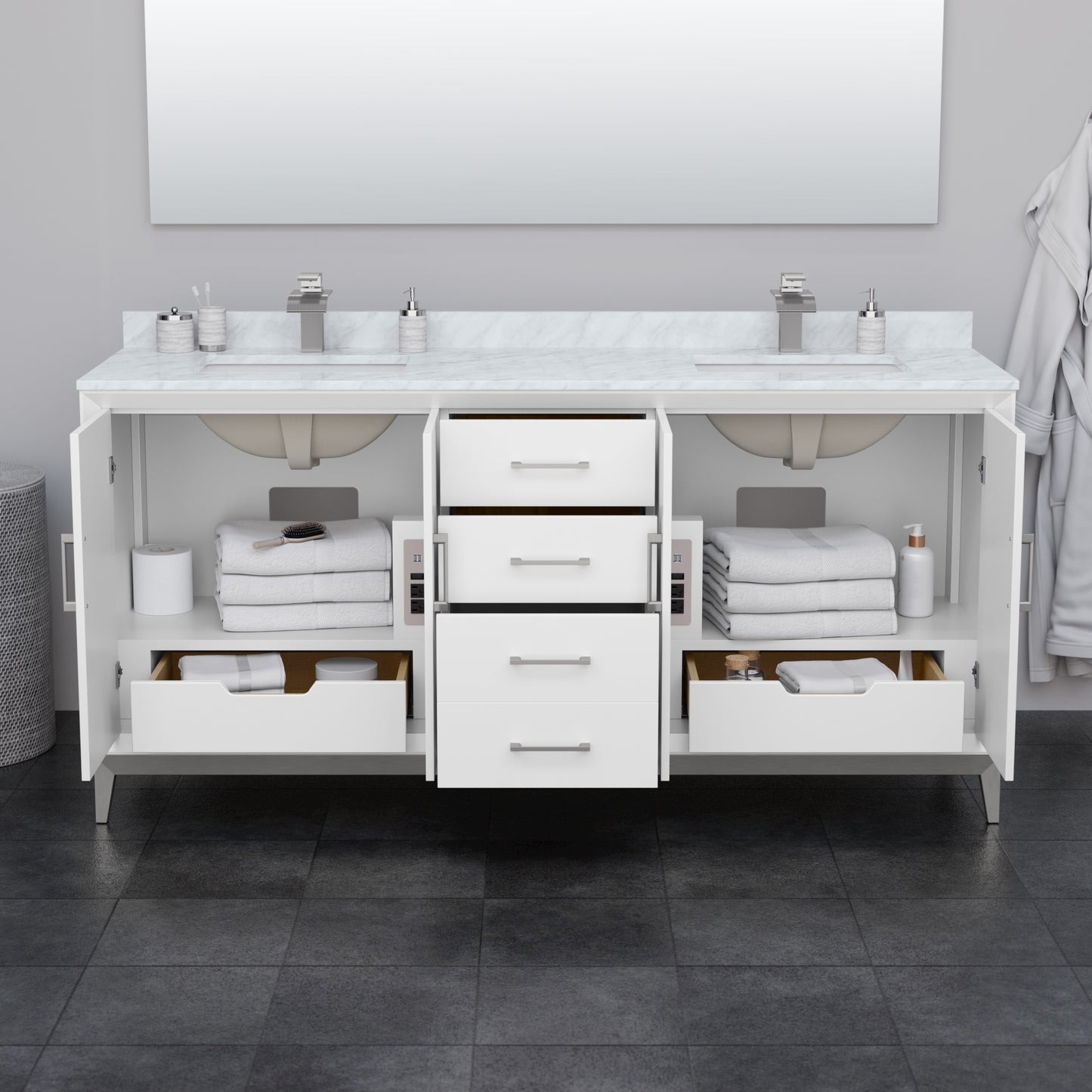 Amici 72 Inch Double Bathroom Vanity in White, White Carrara Marble Countertop, Undermount Square Sinks, Satin Bronze Trim