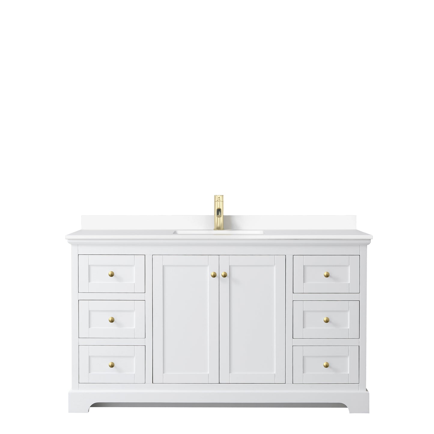 Avery 60 Inch Single Bathroom Vanity in White, White Cultured Marble Countertop, Undermount Square Sink, Brushed Gold Trim