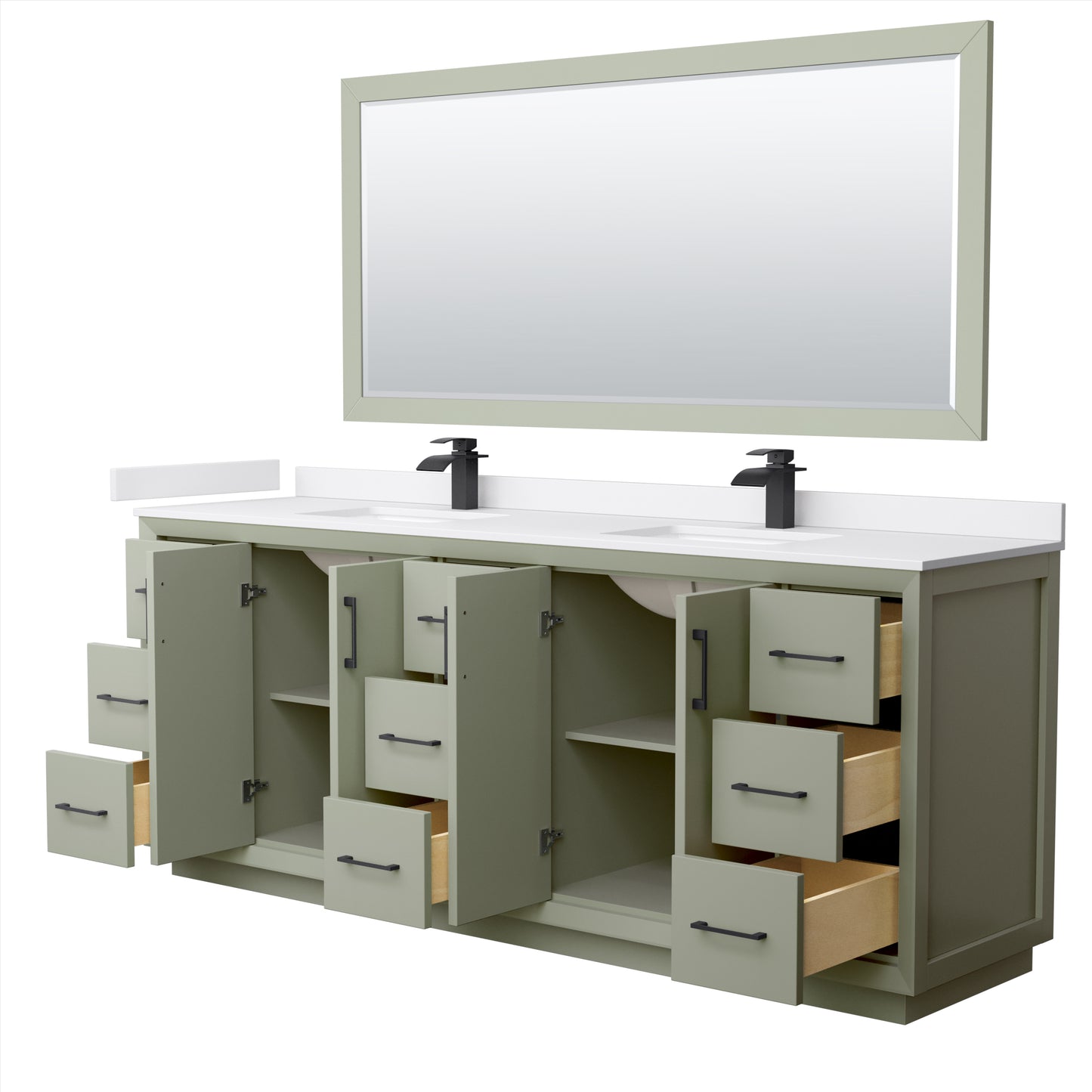 Strada 84 Inch Double Bathroom Vanity in Light Green, White Cultured Marble Countertop, Undermount Square Sinks, Matte Black Trim, 70 Inch Mirror