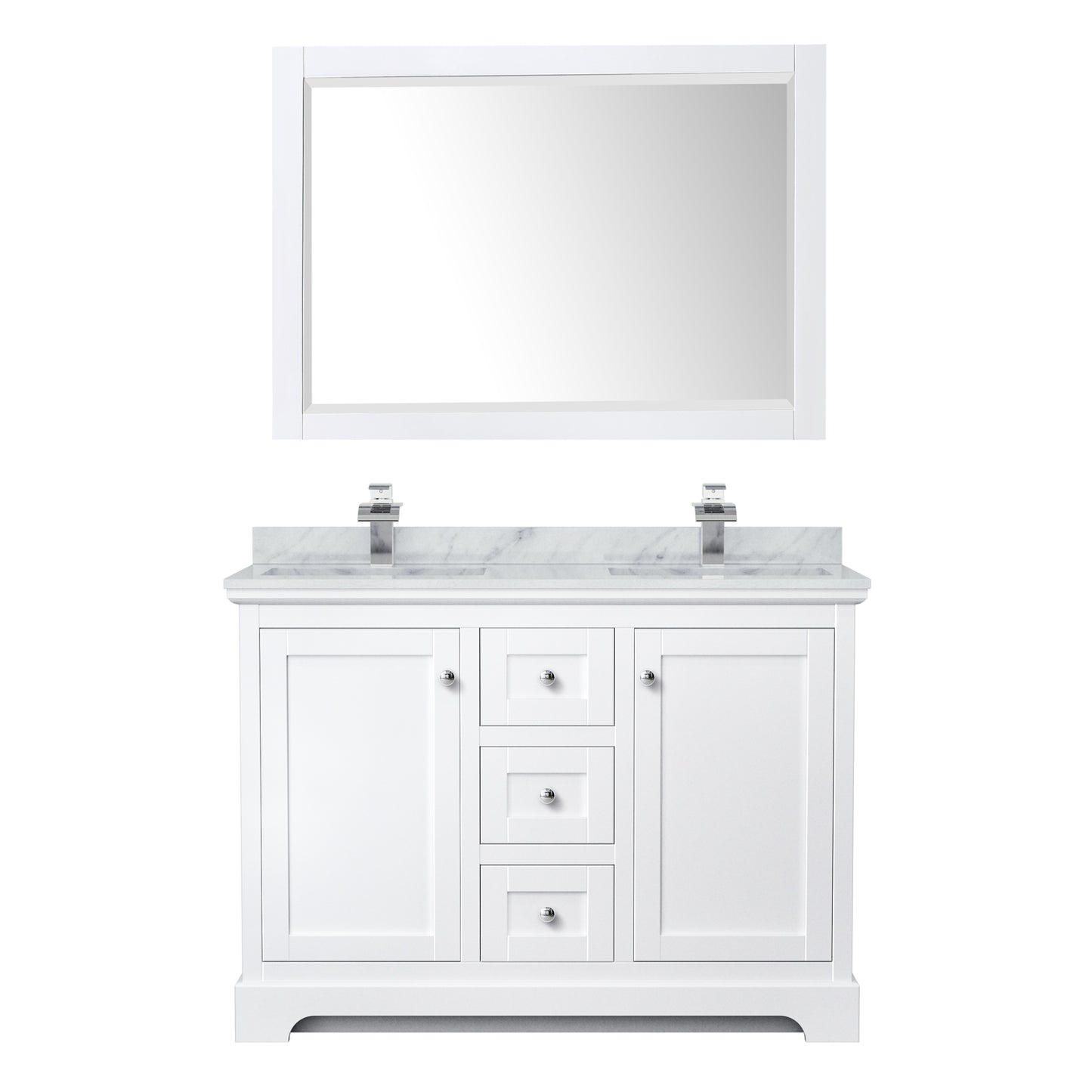 Avery 48 Inch Double Bathroom Vanity in White, White Carrara Marble Countertop, Undermount Square Sinks, 46 Inch Mirror
