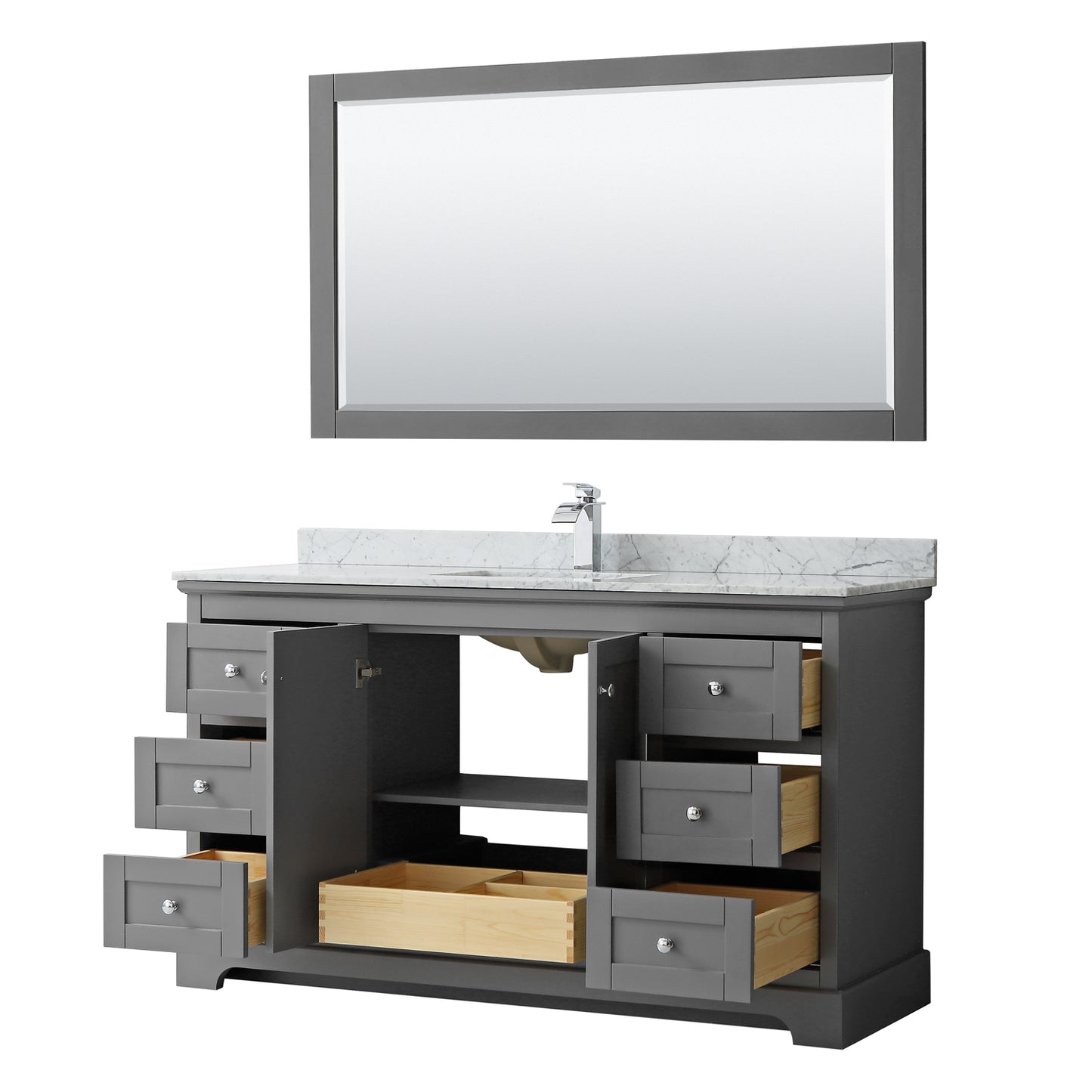 Avery 60 Inch Single Bathroom Vanity in Dark Gray, White Carrara Marble Countertop, Undermount Square Sink, and 58 Inch Mirror