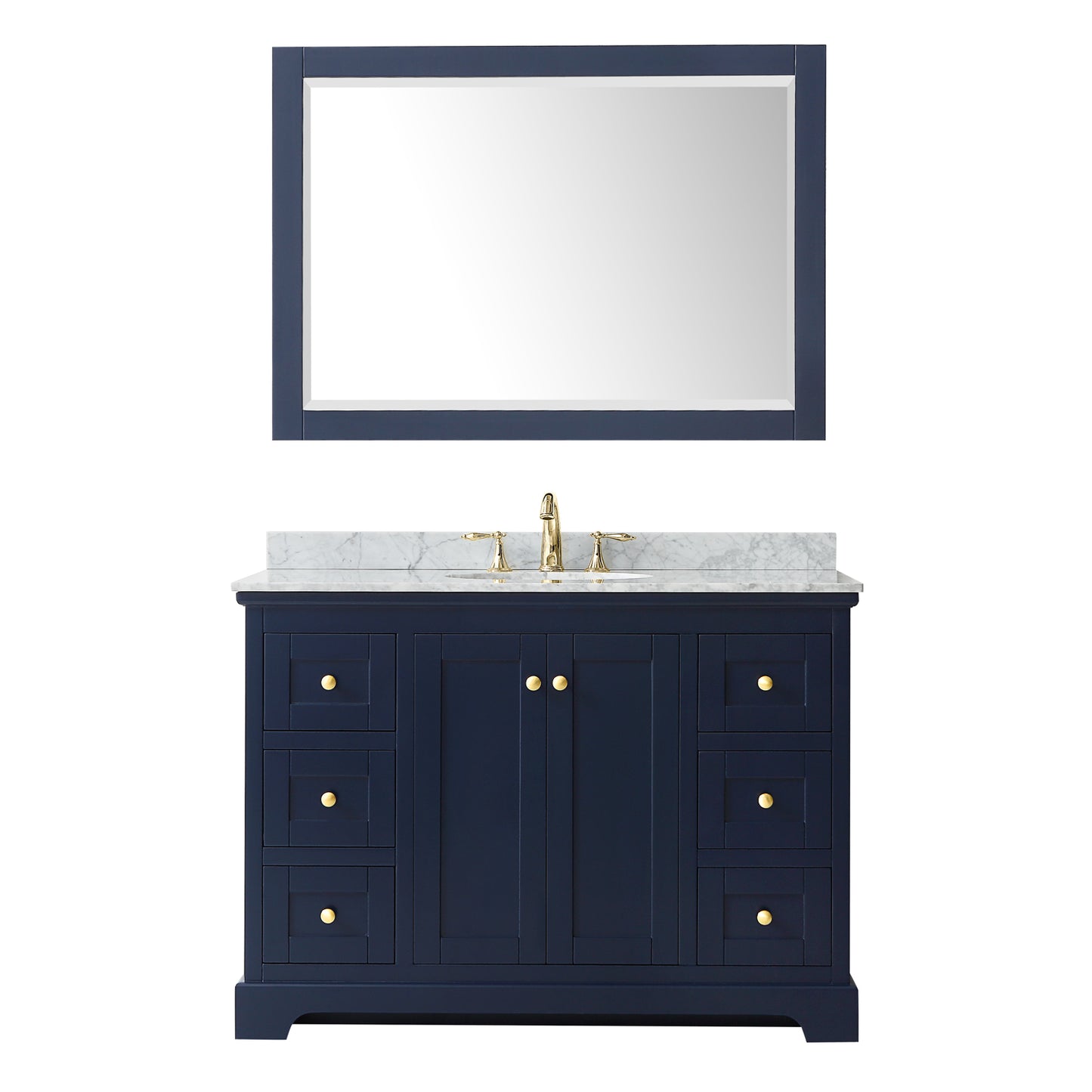 Avery 48 Inch Single Bathroom Vanity in Dark Blue, White Carrara Marble Countertop, Undermount Oval Sink, and 46 Inch Mirror