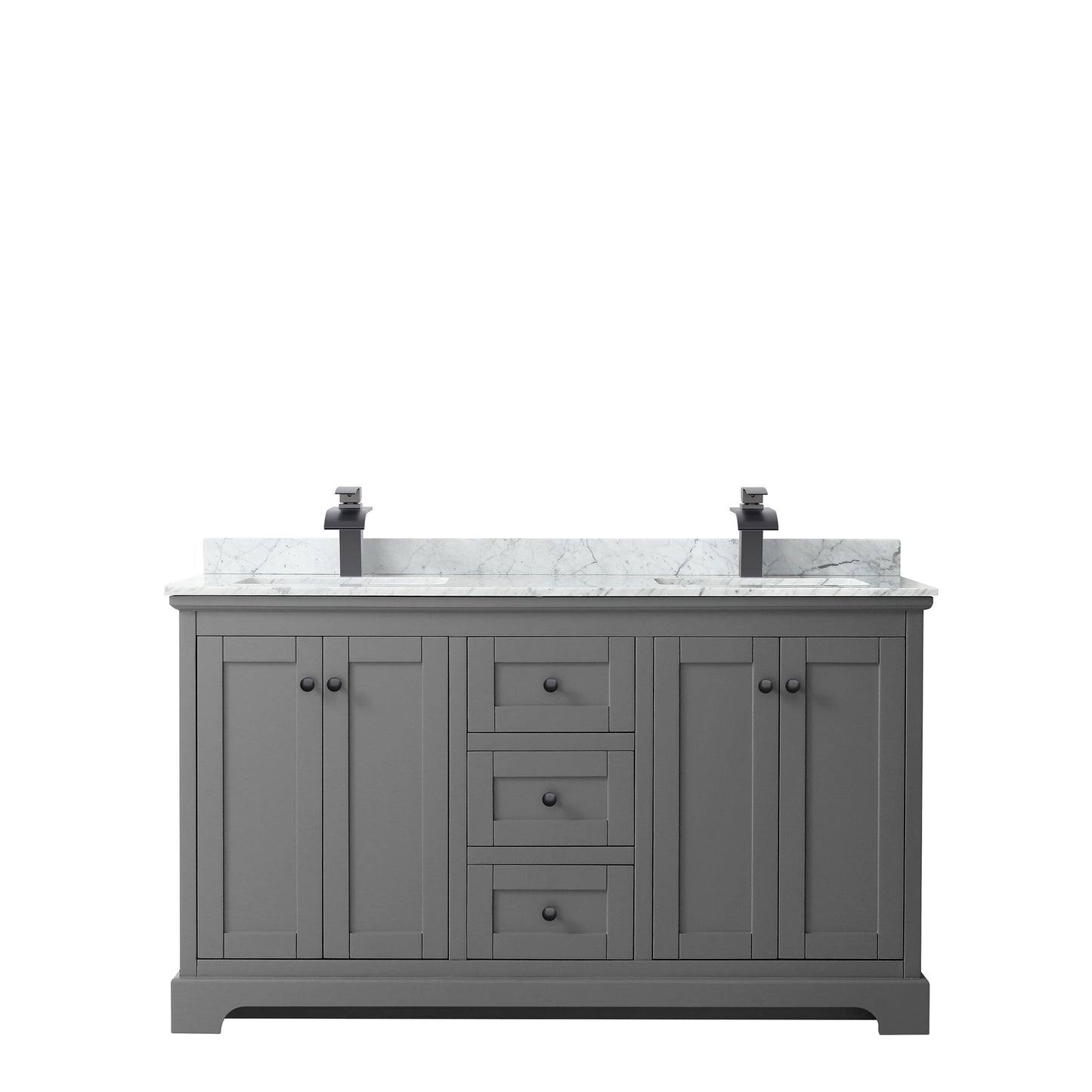 Avery 60 Inch Double Bathroom Vanity in Dark Gray, White Carrara Marble Countertop, Undermount Square Sinks, Matte Black Trim