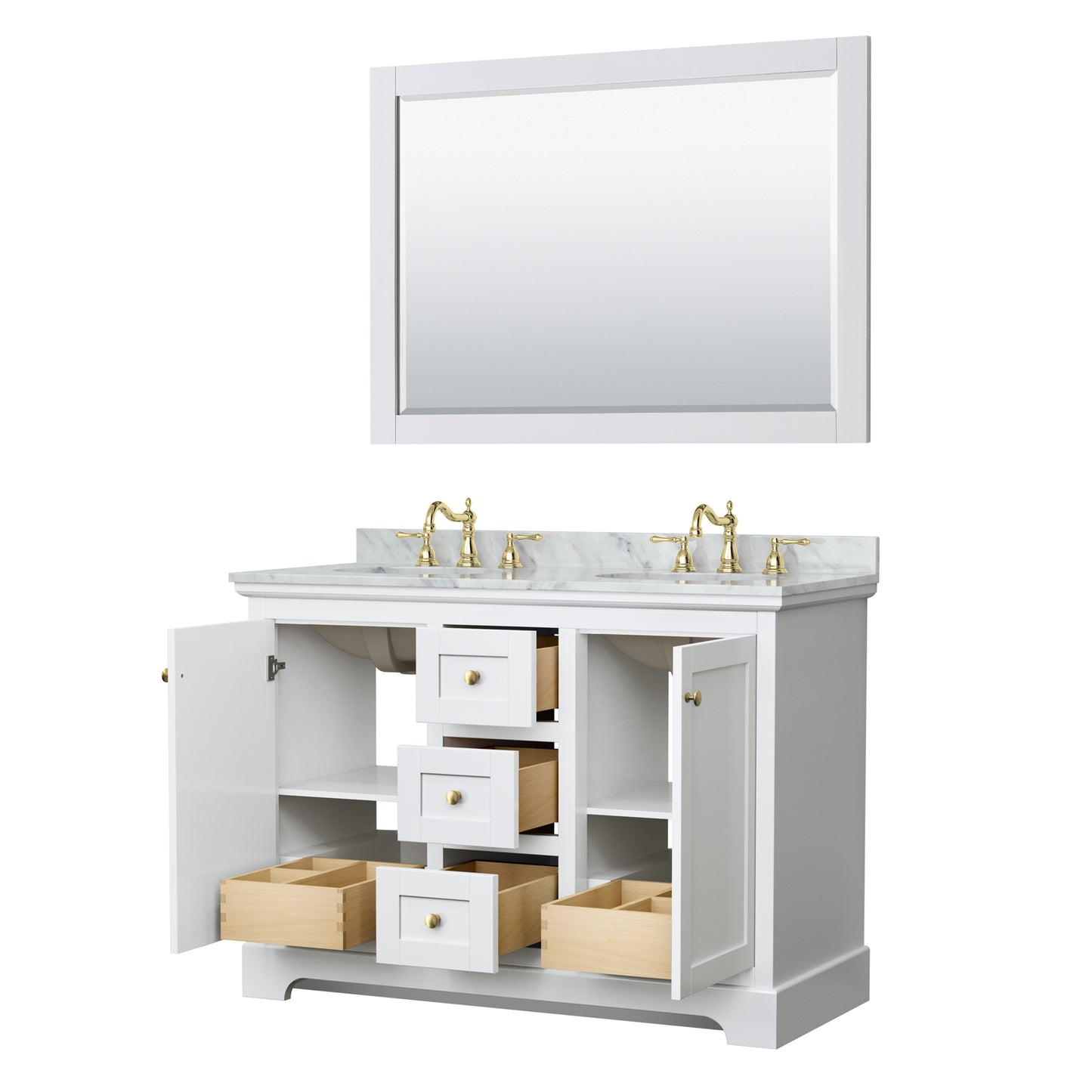 Avery 48 Inch Double Bathroom Vanity in White, White Carrara Marble Countertop, Undermount Oval Sinks, 46 Inch Mirror, Brushed Gold Trim