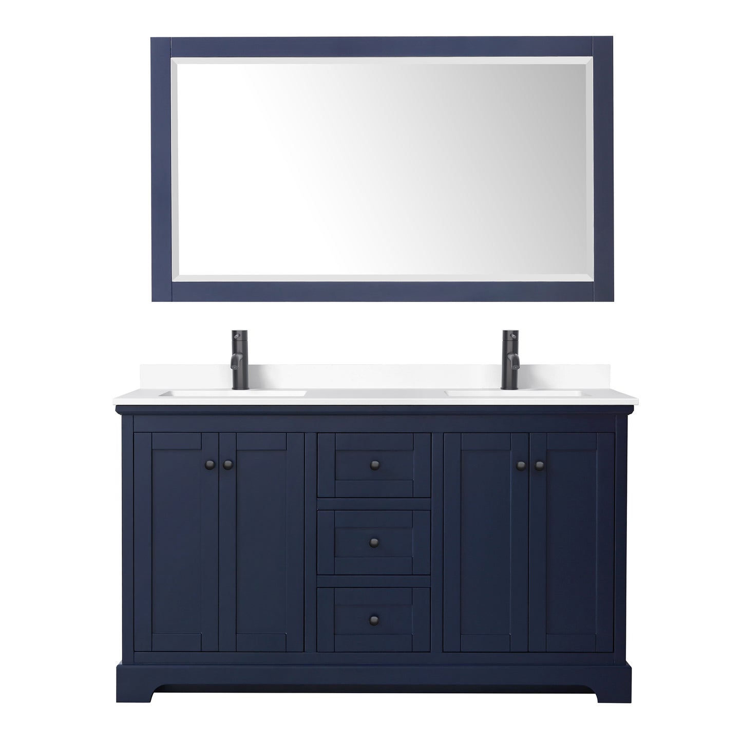 Avery 60 Inch Double Bathroom Vanity in Dark Blue, White Cultured Marble Countertop, Undermount Square Sinks, Matte Black Trim, 58 Inch Mirror