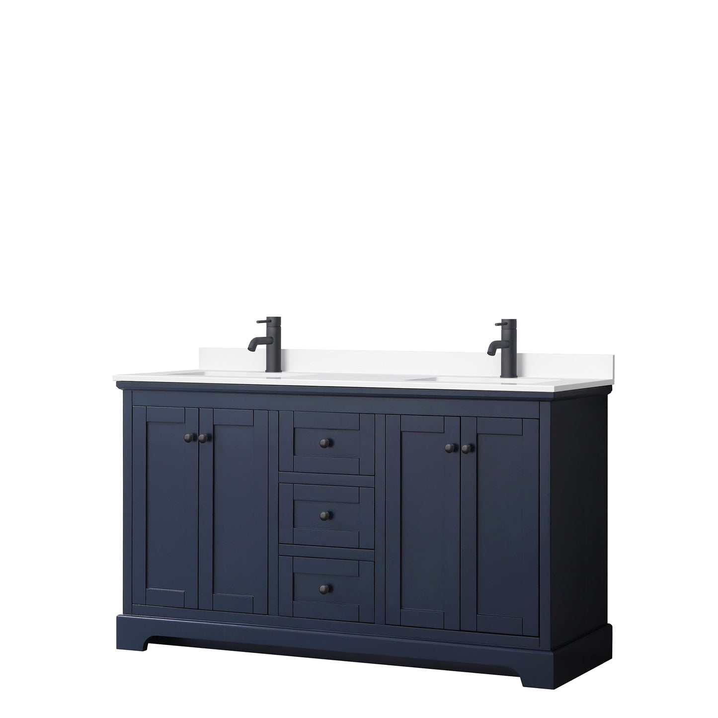 Avery 60 Inch Double Bathroom Vanity in Dark Blue, White Cultured Marble Countertop, Undermount Square Sinks, Matte Black Trim
