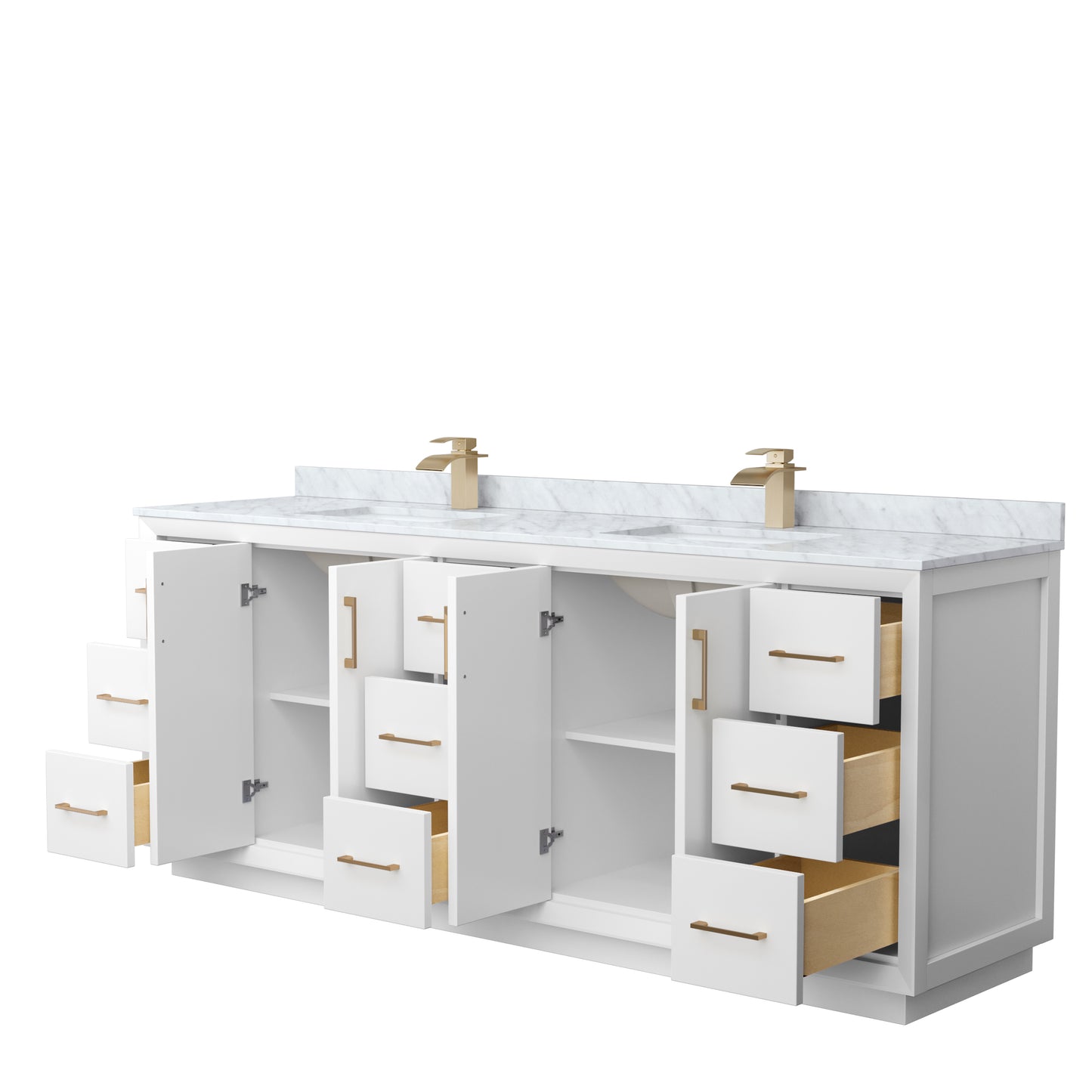 Strada 84 Inch Double Bathroom Vanity in White, White Carrara Marble Countertop, Undermount Square Sink, Satin Bronze Trim