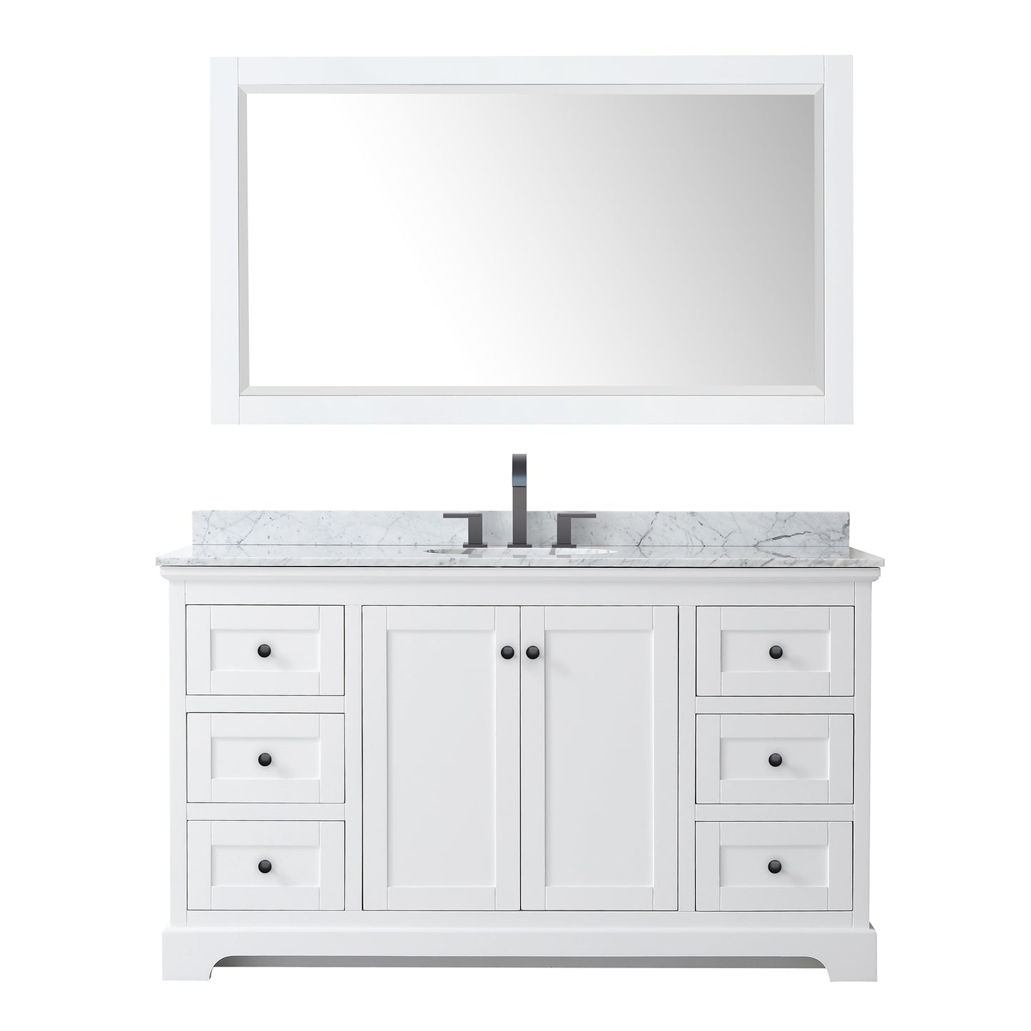 Avery 60 Inch Single Bathroom Vanity in White, White Carrara Marble Countertop, Undermount Oval Sink, Matte Black Trim, 58 Inch Mirror