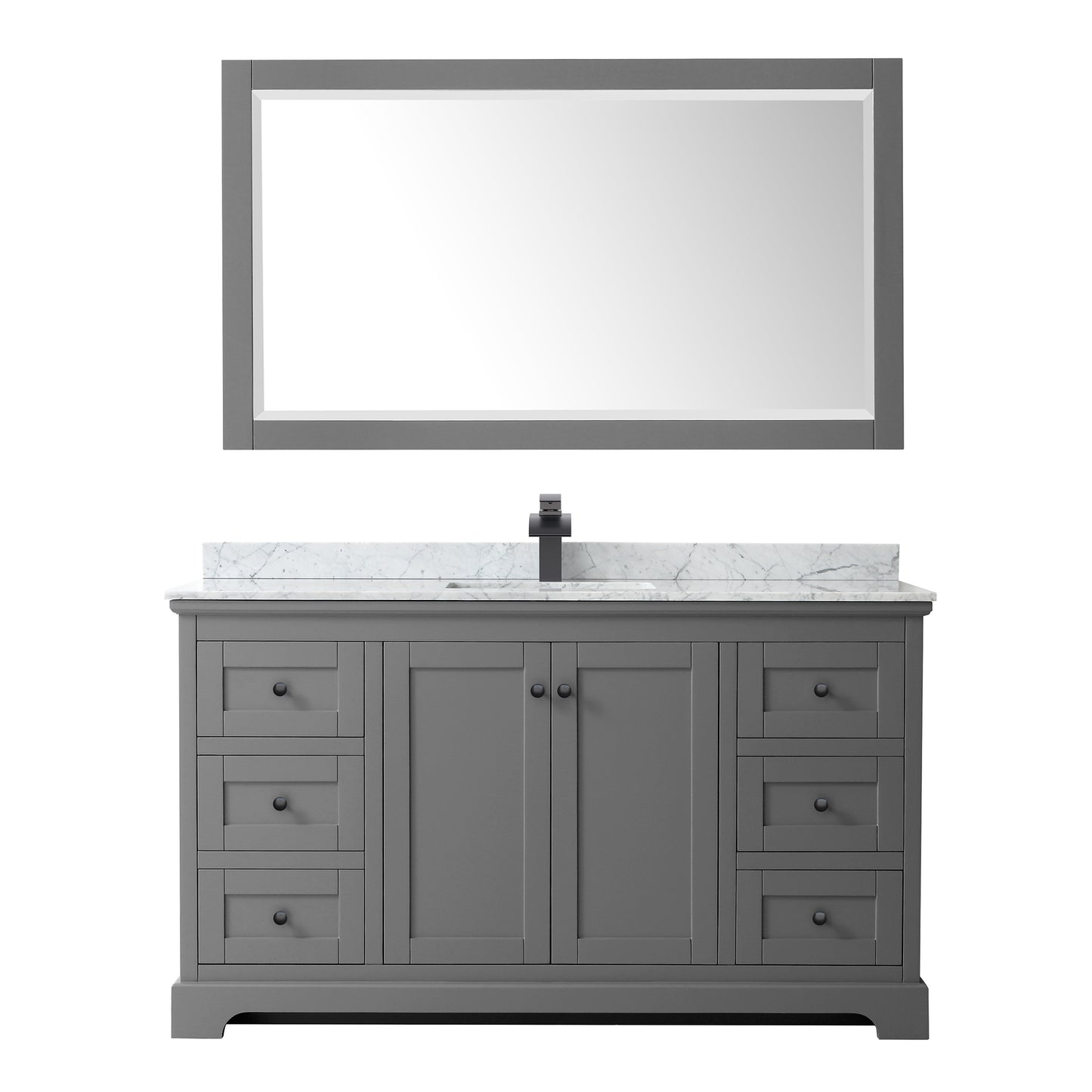 Avery 60 Inch Single Bathroom Vanity in Dark Gray, White Carrara Marble Countertop, Undermount Square Sink, Matte Black Trim, 58 Inch Mirror
