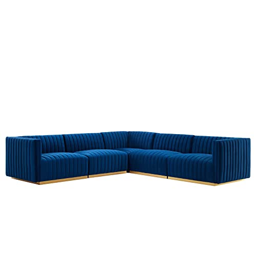 Modway Conjure 5-Piece Velvet and Stainless Steel Sectional in Gold/Navy