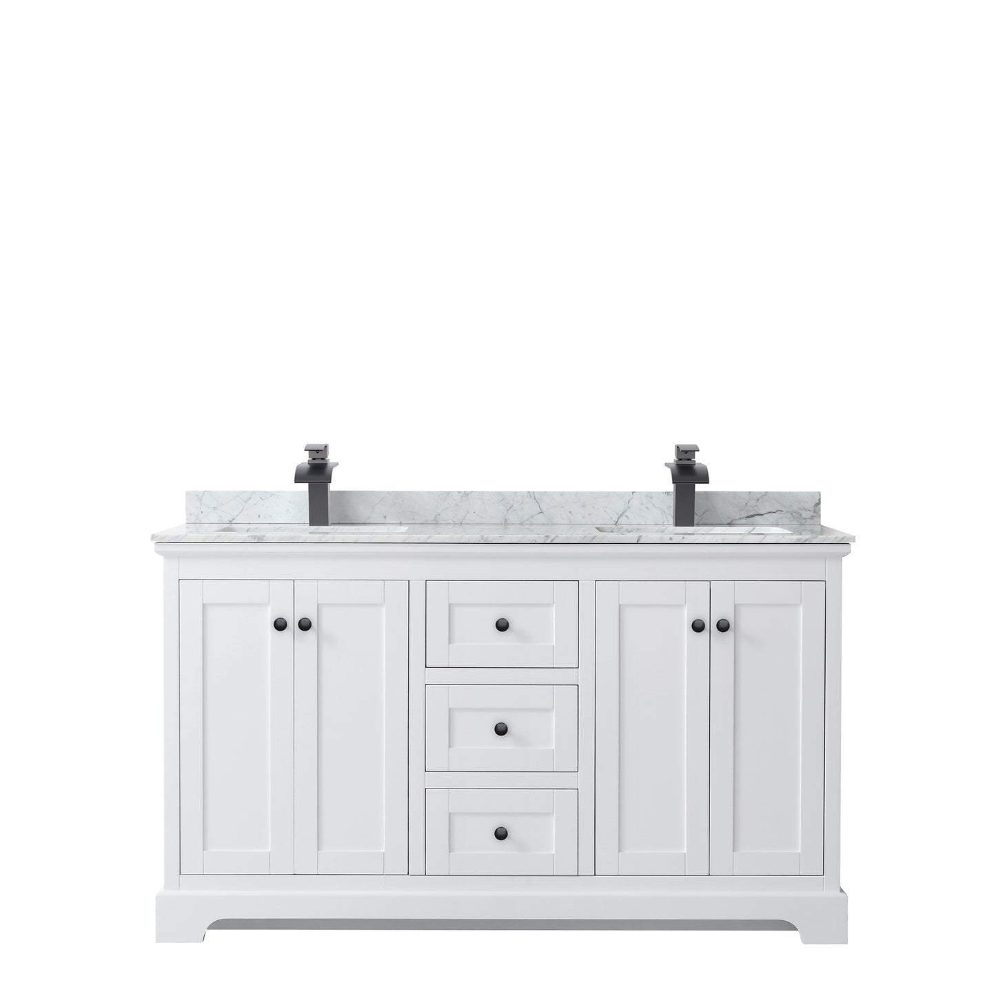 Avery 60 Inch Double Bathroom Vanity in White, White Carrara Marble Countertop, Undermount Square Sinks, Matte Black Trim