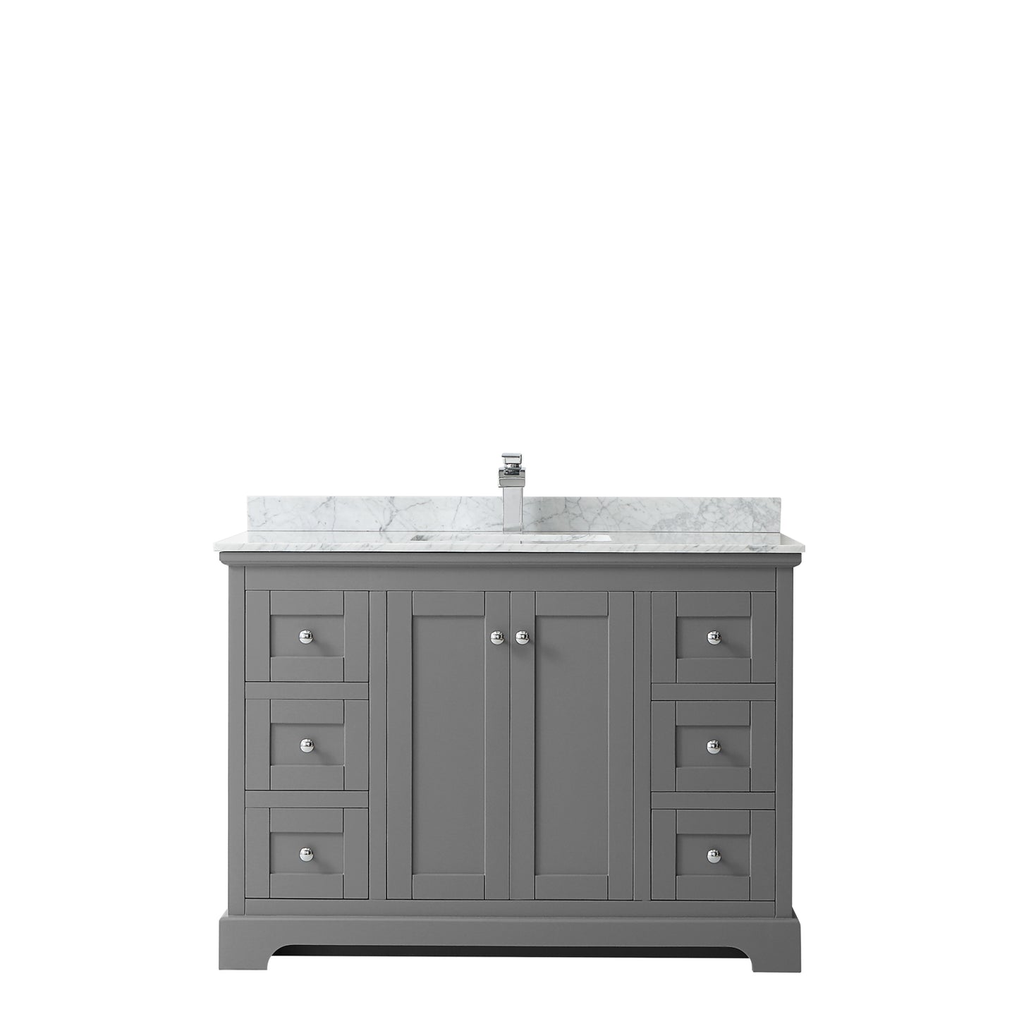 Avery 48 Inch Single Bathroom Vanity in Dark Gray, White Carrara Marble Countertop, Undermount Square Sink, and No Mirror