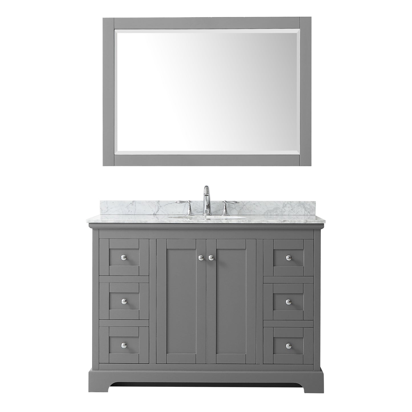Avery 48 Inch Single Bathroom Vanity in Dark Gray, White Carrara Marble Countertop, Undermount Oval Sink, and 46 Inch Mirror