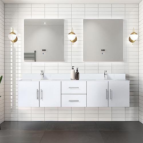 Lexora Geneva Bath Vanity, White Quartz Top, Faucet Set, and 30 in. LED Mirror
