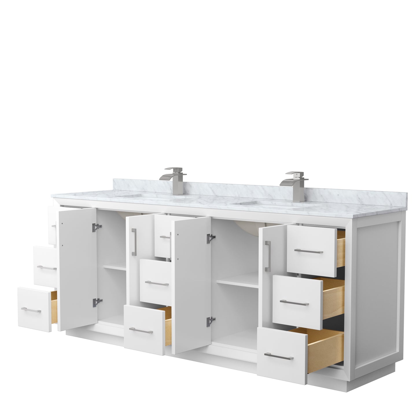 Strada 84 Inch Double Bathroom Vanity in White, White Carrara Marble Countertop, Undermount Square Sink, Brushed Nickel Trim