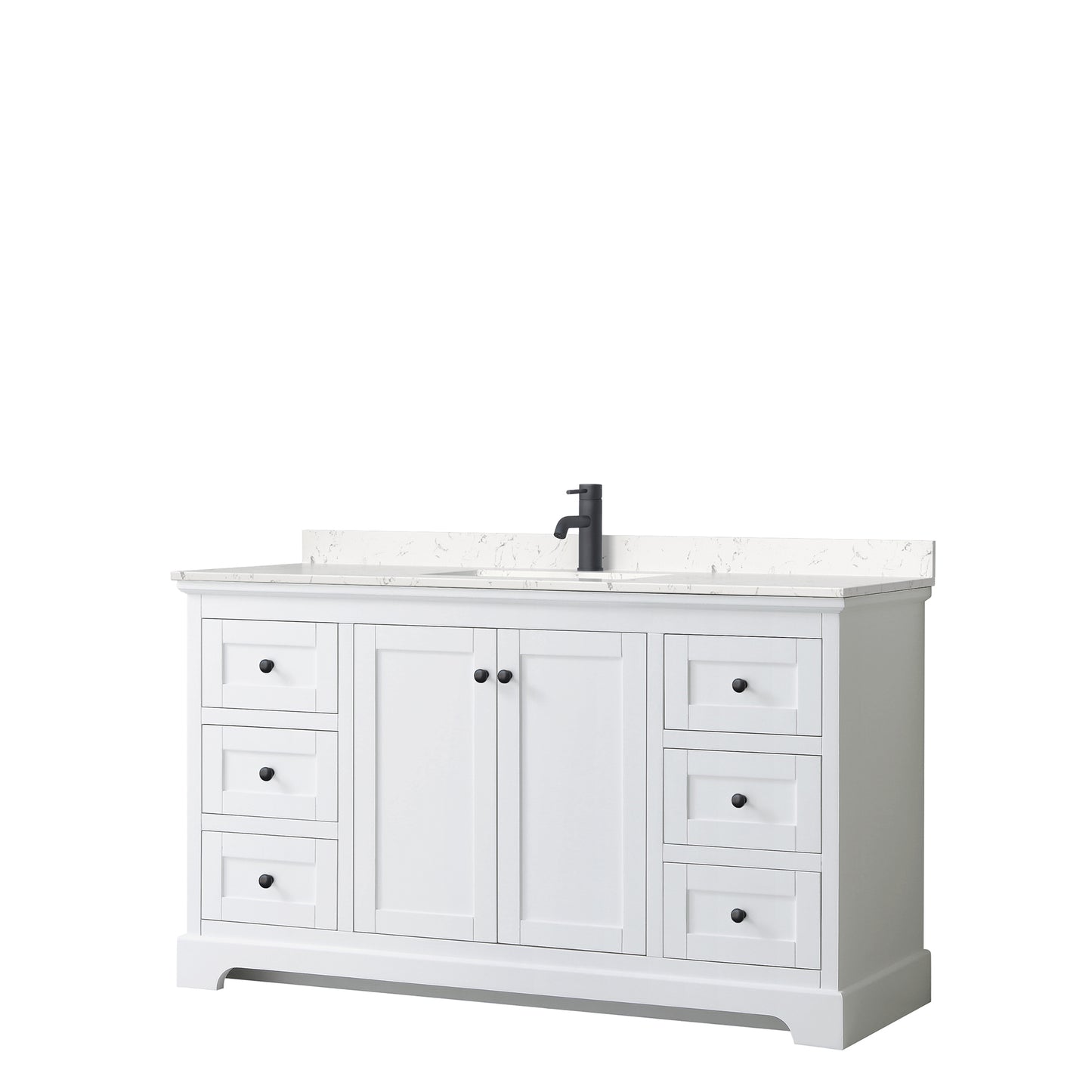 Avery 60 Inch Single Bathroom Vanity in White, Carrara Cultured Marble Countertop, Undermount Square Sink, Matte Black Trim