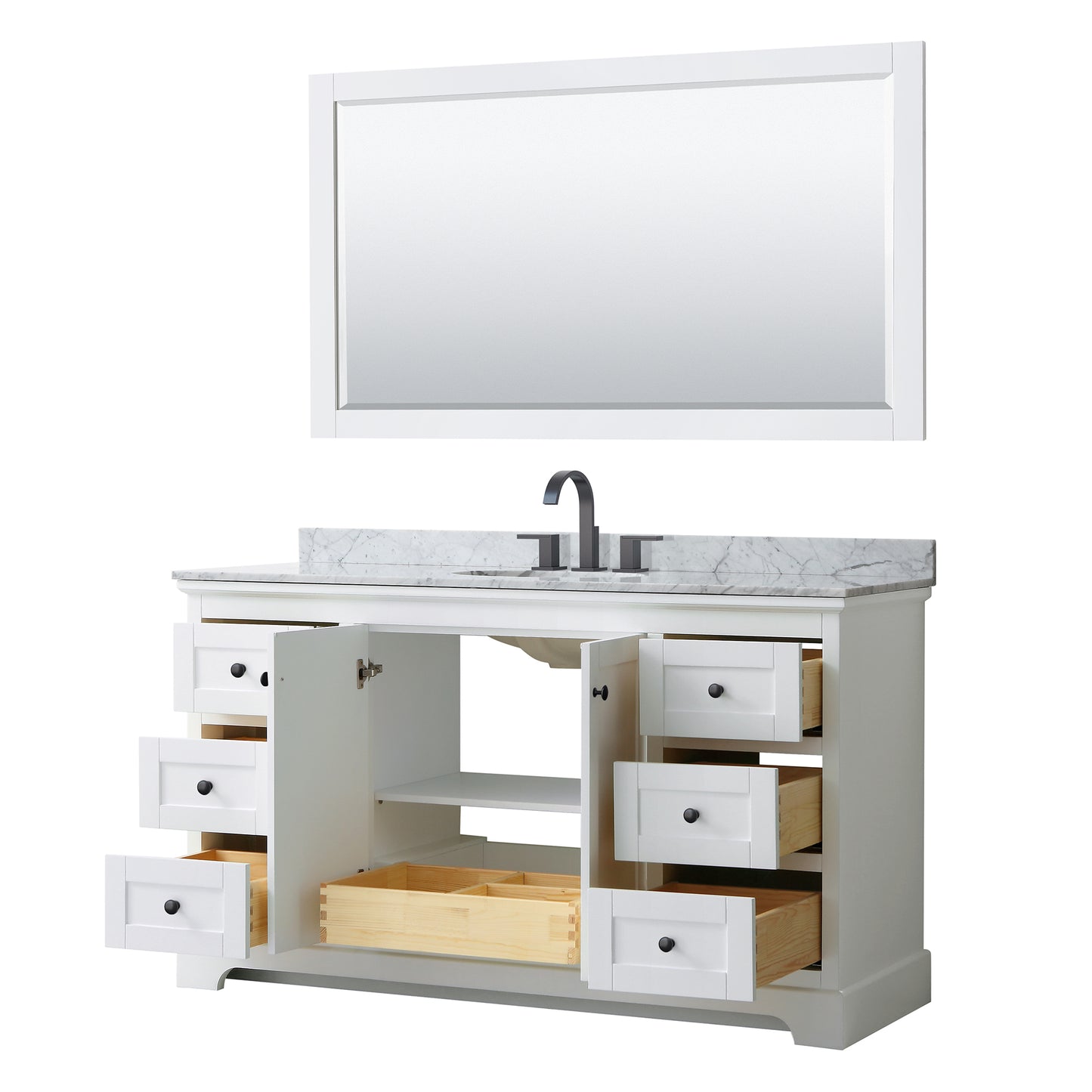 Avery 60 Inch Single Bathroom Vanity in White, White Carrara Marble Countertop, Undermount Oval Sink, Matte Black Trim, 58 Inch Mirror