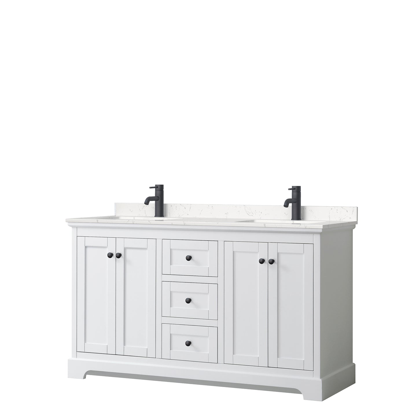 Avery 60 Inch Double Bathroom Vanity in White, Carrara Cultured Marble Countertop, Undermount Square Sinks, Matte Black Trim