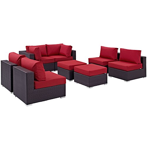 LexMod Convene 8 Piece Outdoor Patio Sectional Set in Espresso Red