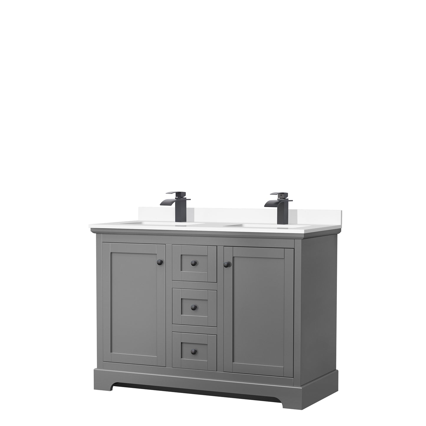 Avery 48 Inch Double Bathroom Vanity in Dark Gray, White Cultured Marble Countertop, Undermount Square Sinks, Matte Black Trim