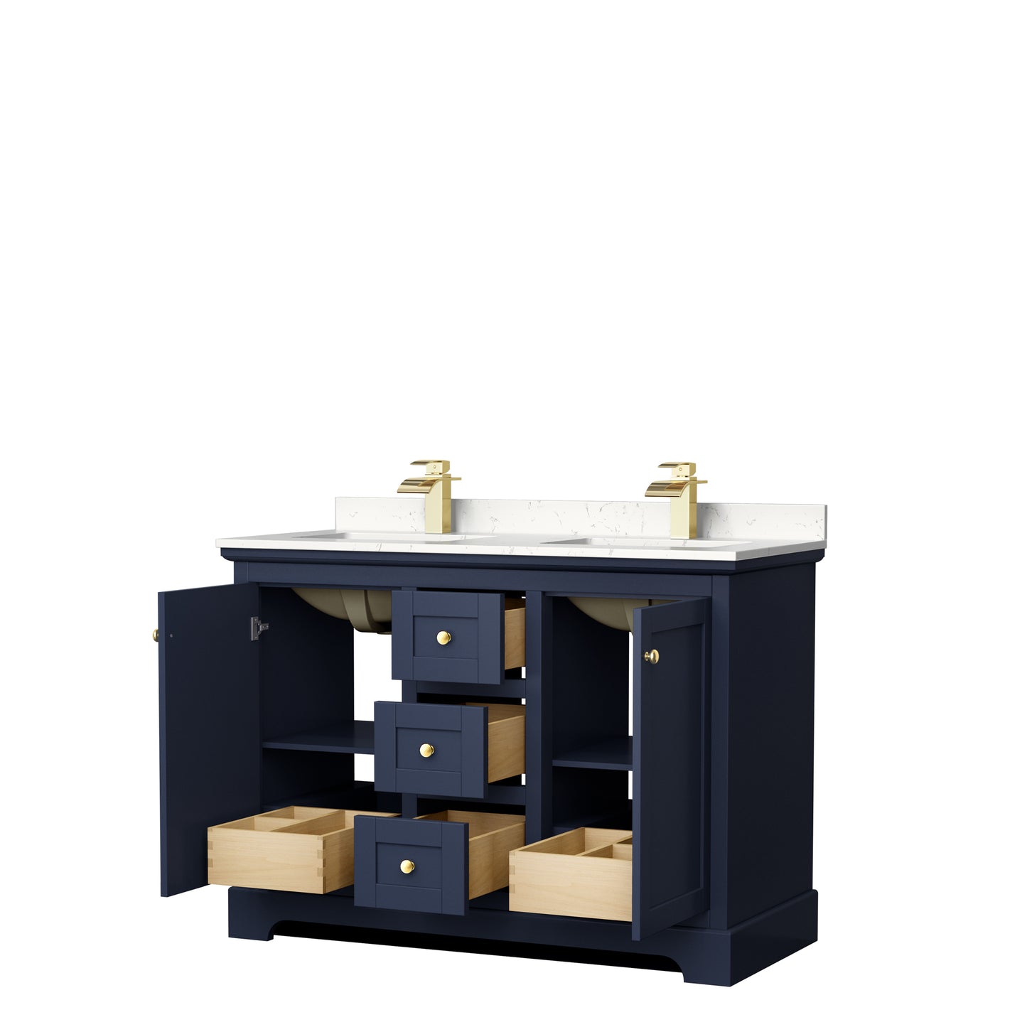 Avery 48 Inch Double Bathroom Vanity in Dark Blue, Carrara Cultured Marble Countertop, Undermount Square Sinks, No Mirror