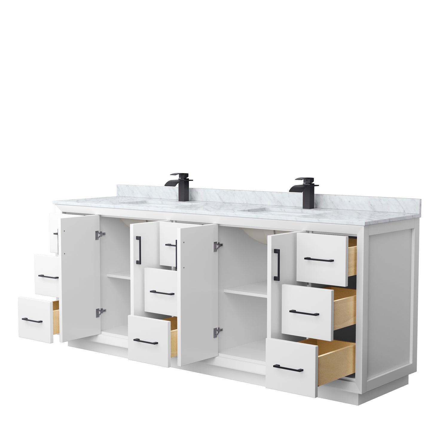 Strada 84 Inch Double Bathroom Vanity in White, White Carrara Marble Countertop, Undermount Square Sink, Matte Black Trim