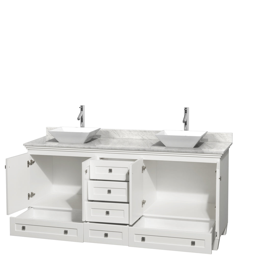 Acclaim 72 Inch Double Bathroom Vanity in White, White Carrara Marble Countertop, Pyra White Sinks, and No Mirrors