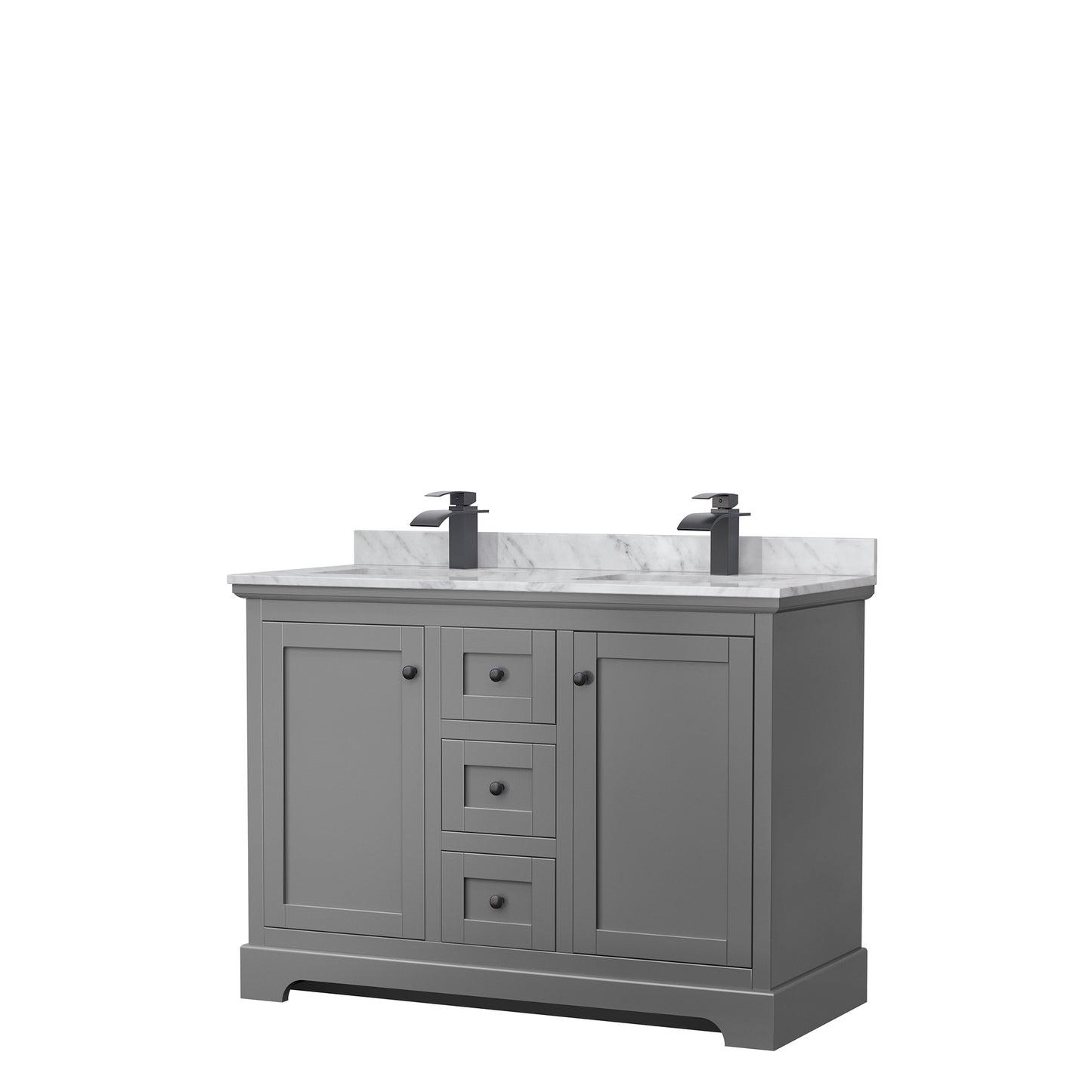 Avery 48 Inch Double Bathroom Vanity in Dark Gray, White Carrara Marble Countertop, Undermount Square Sinks, Matte Black Trim