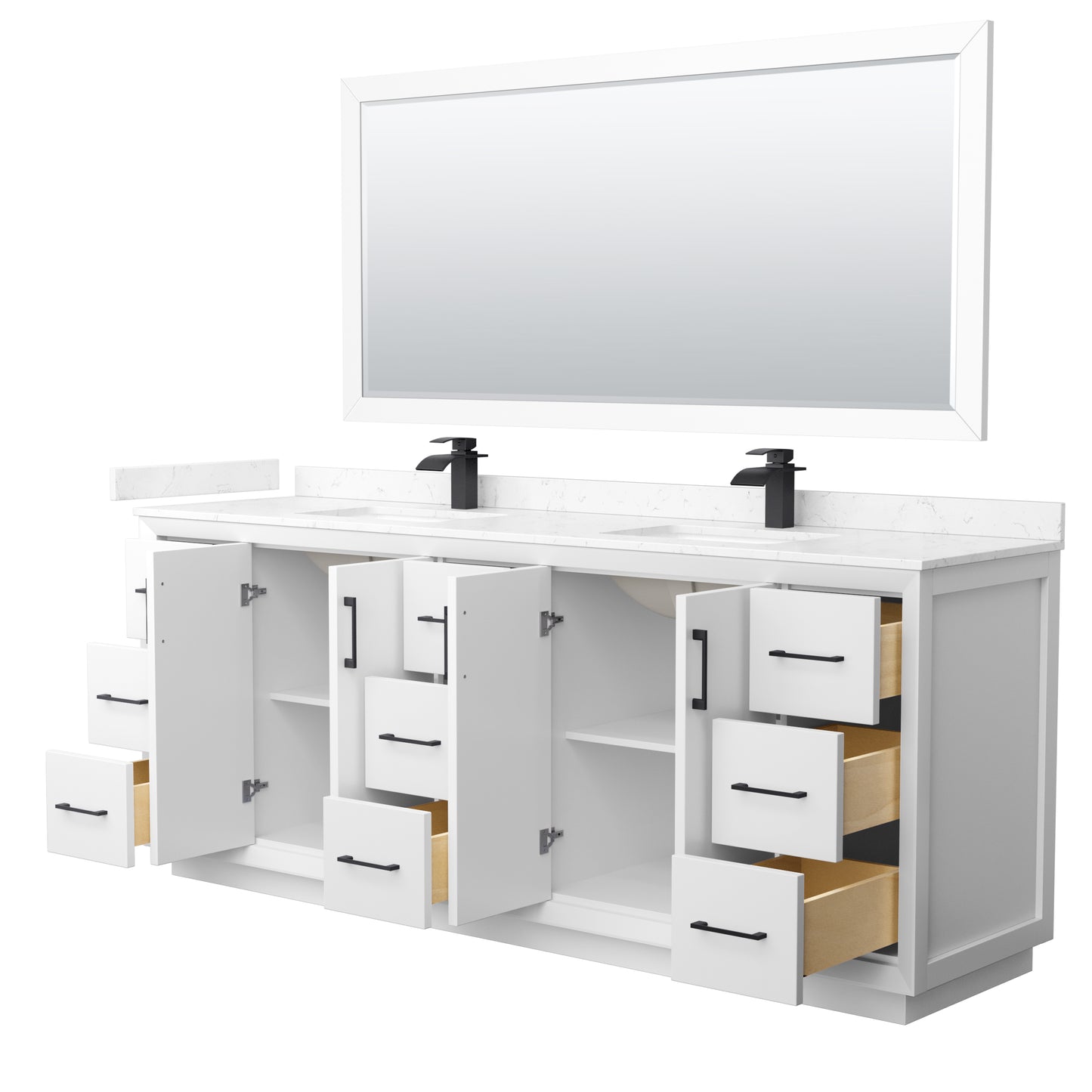 Strada 84 Inch Double Bathroom Vanity in White, Carrara Cultured Marble Countertop, Undermount Square Sink, Matte Black Trim, 70 Inch Mirror