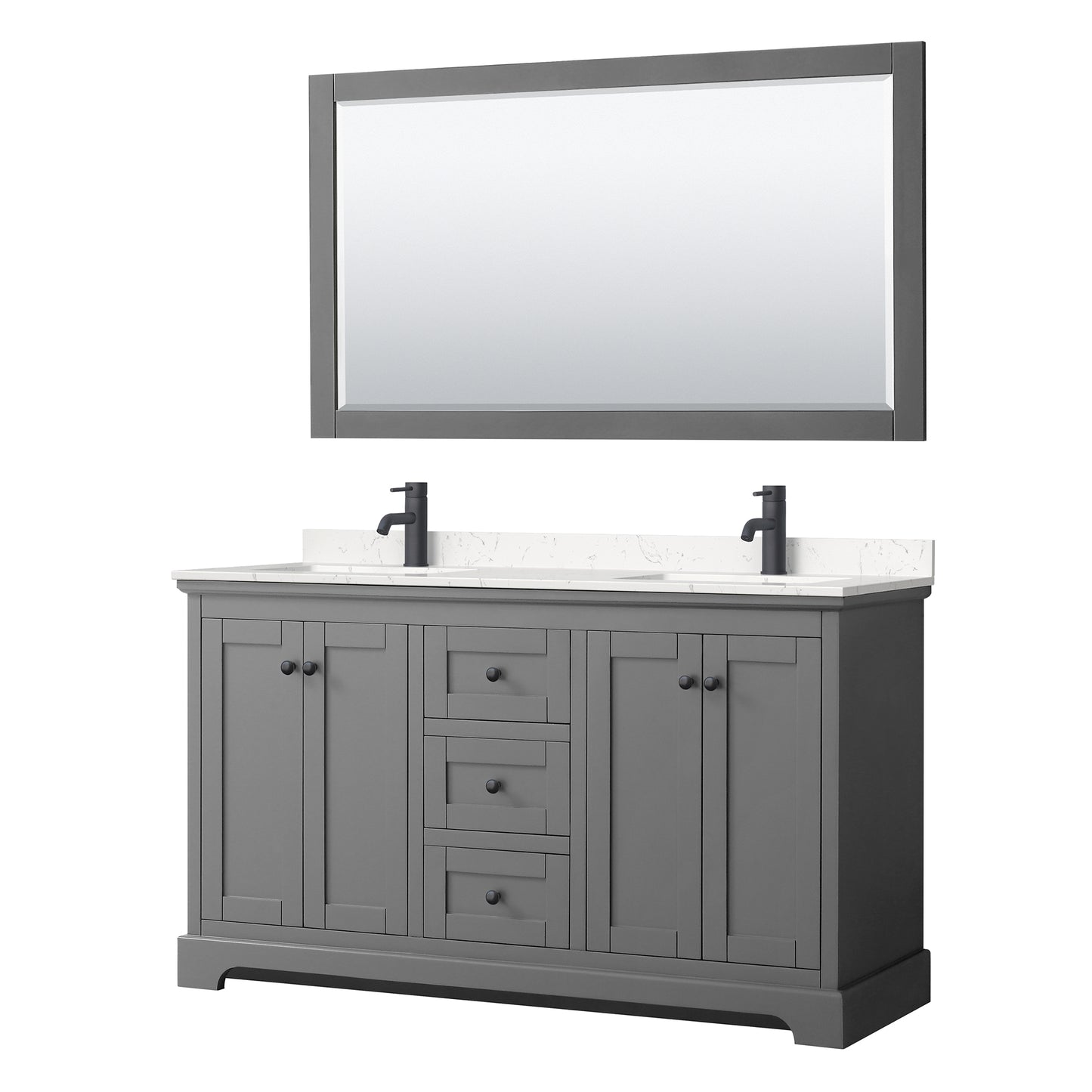 Avery 60 Inch Double Bathroom Vanity in Dark Gray, Carrara Cultured Marble Countertop, Undermount Square Sinks, Matte Black Trim, 58 Inch Mirror