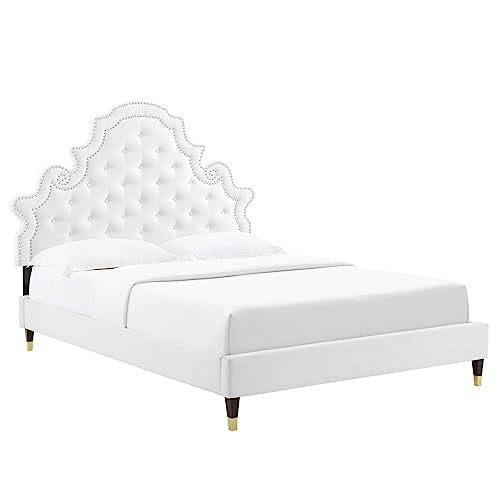 Modway Gwyneth Tufted Performance Velvet King Platform Bed in White with Wood and Gold Legs