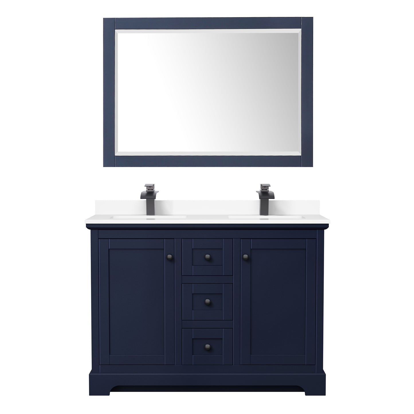 Avery 48 Inch Double Bathroom Vanity in Dark Blue, White Cultured Marble Countertop, Undermount Square Sinks, Matte Black Trim, 46 Inch Mirror