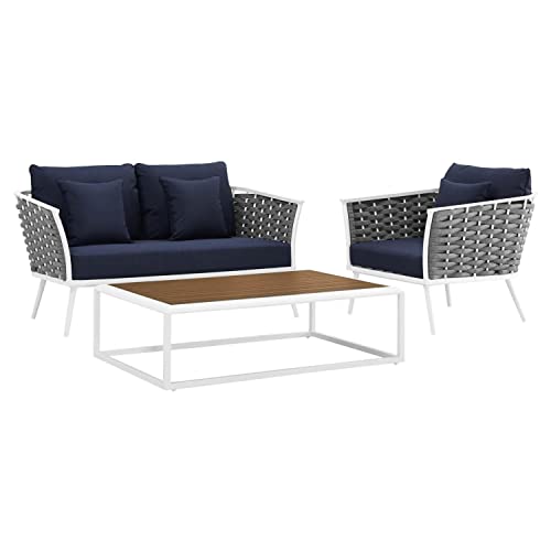 Modway EEI-3321-WHI-NAV-SET Stance 5 Piece Outdoor Patio Aluminum Sectional Sofa Set in White Navy, Blue