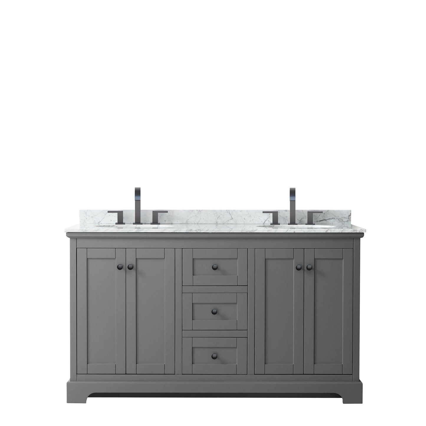 Avery 60 Inch Double Bathroom Vanity in Dark Gray, White Carrara Marble Countertop, Undermount Oval Sinks, Matte Black Trim
