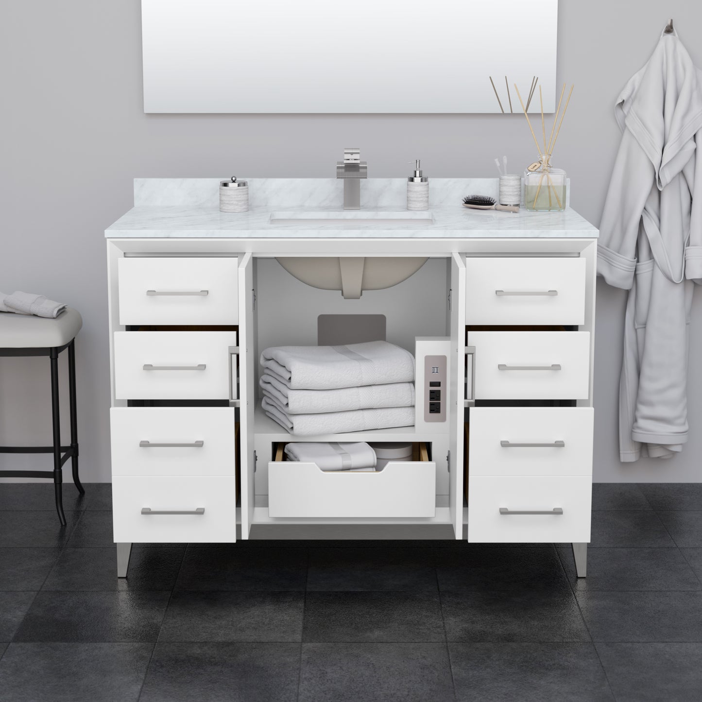 Amici 48 Inch Single Bathroom Vanity in White, White Cultured Marble Countertop, Undermount Square Sink, Brushed Nickel Trim