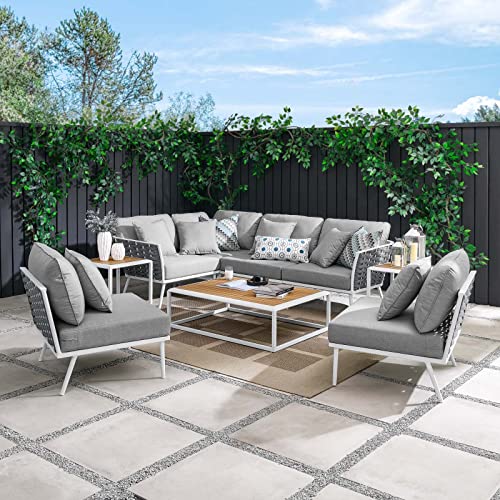 Modway Stance 9 Piece Outdoor Patio Aluminum Sofa Set in White Gray Sectional