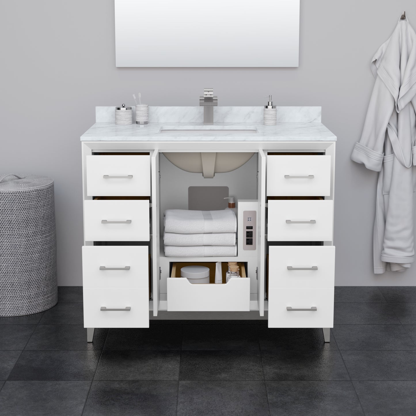 Amici 42 Inch Single Bathroom Vanity in White, White Carrara Marble Countertop, Undermount Square Sink, Satin Bronze Trim