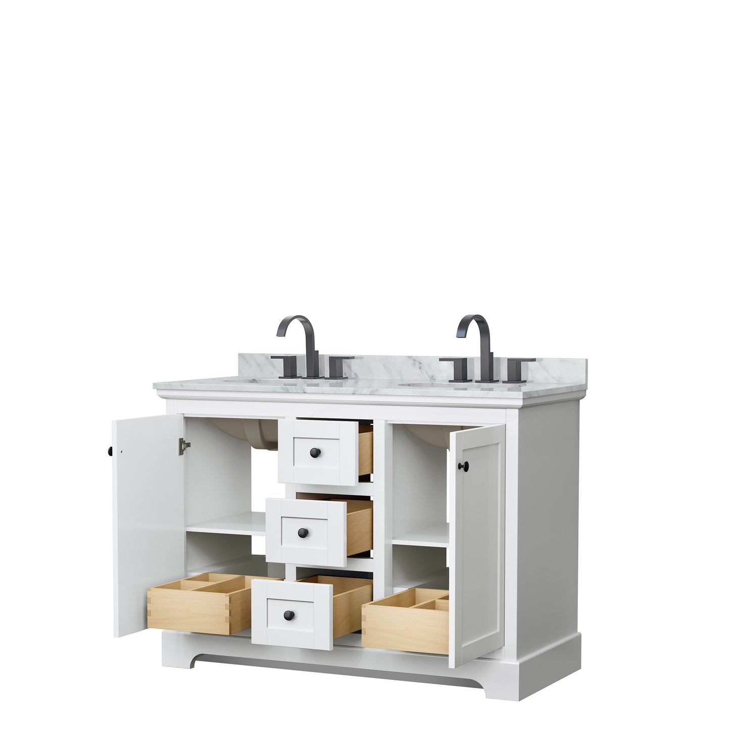 Avery 48 Inch Double Bathroom Vanity in White, White Carrara Marble Countertop, Undermount Oval Sinks, Matte Black Trim