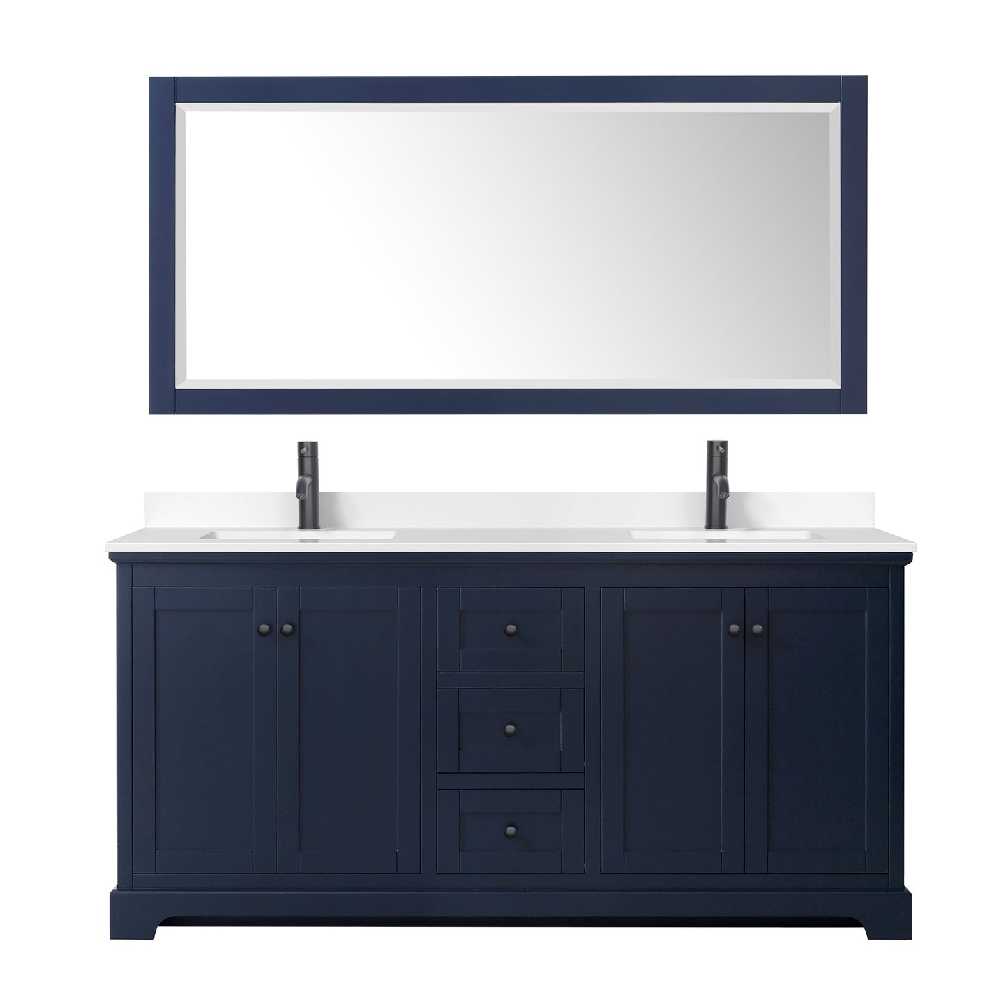 Avery 72 Inch Double Bathroom Vanity in Dark Blue, White Cultured Marble Countertop, Undermount Square Sinks, Matte Black Trim, 70 Inch Mirror