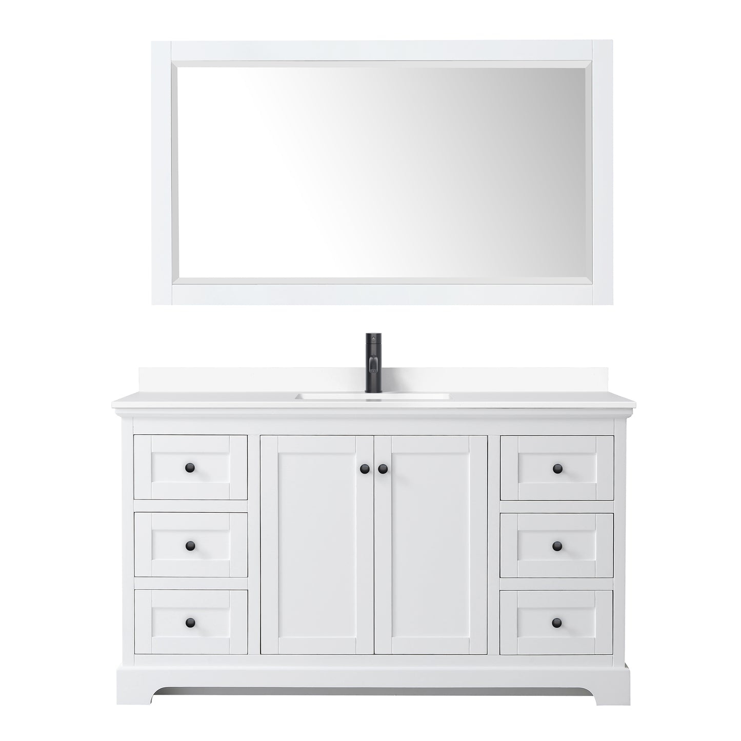 Avery 60 Inch Single Bathroom Vanity in White, White Cultured Marble Countertop, Undermount Square Sink, Matte Black Trim, 58 Inch Mirror