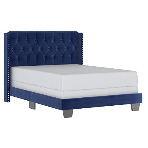 Adamis Modern Velvet Upholstered 54" Double Bed in Blue