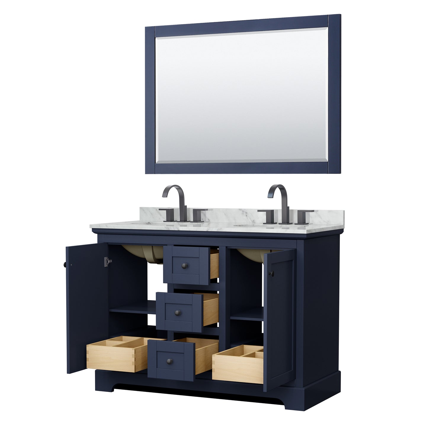 Avery 48 Inch Double Bathroom Vanity in Dark Blue, White Carrara Marble Countertop, Undermount Oval Sinks, Matte Black Trim, 46 Inch Mirror