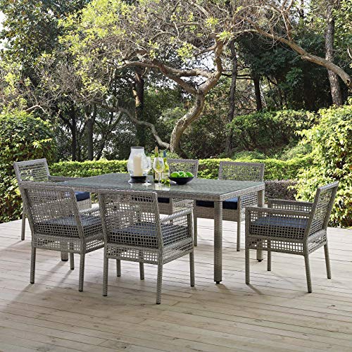Modway Aura Wicker Rattan 7-Piece Outdoor Patio Dining Set with 68" Rectangle Dining Table and 6 Dining Armchairs in Gray Navy