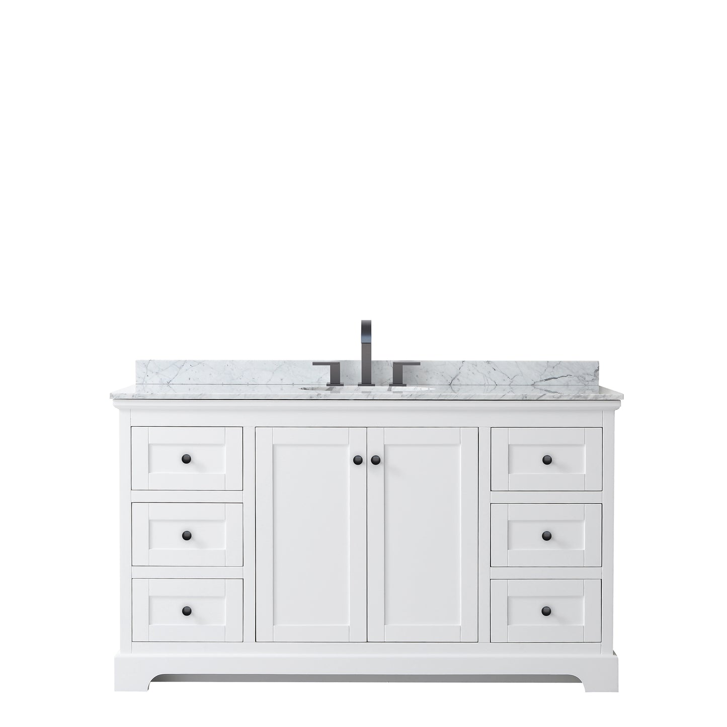 Avery 60 Inch Single Bathroom Vanity in White, White Carrara Marble Countertop, Undermount Oval Sink, Matte Black Trim