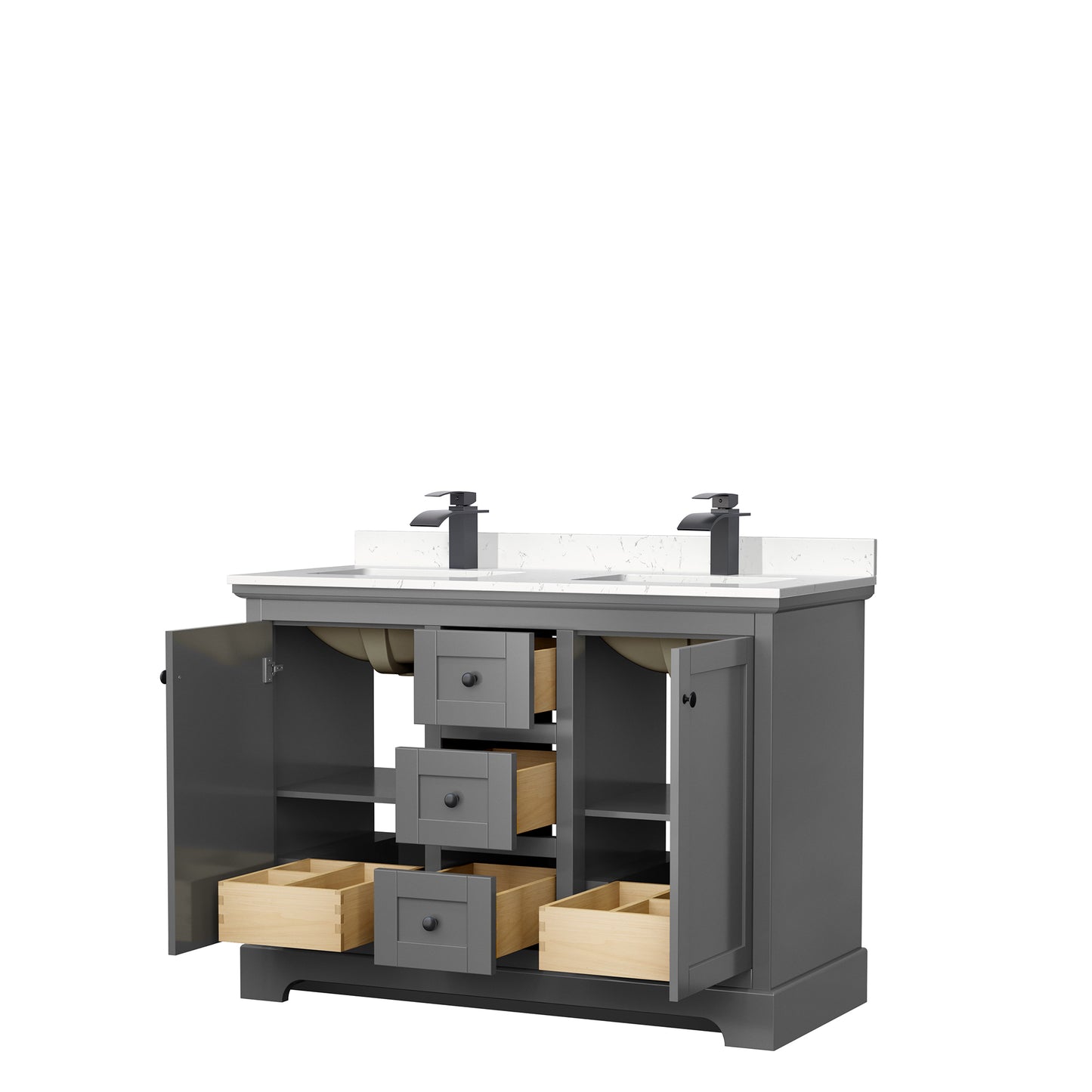Avery 48 Inch Double Bathroom Vanity in Dark Gray, Carrara Cultured Marble Countertop, Undermount Square Sinks, Matte Black Trim