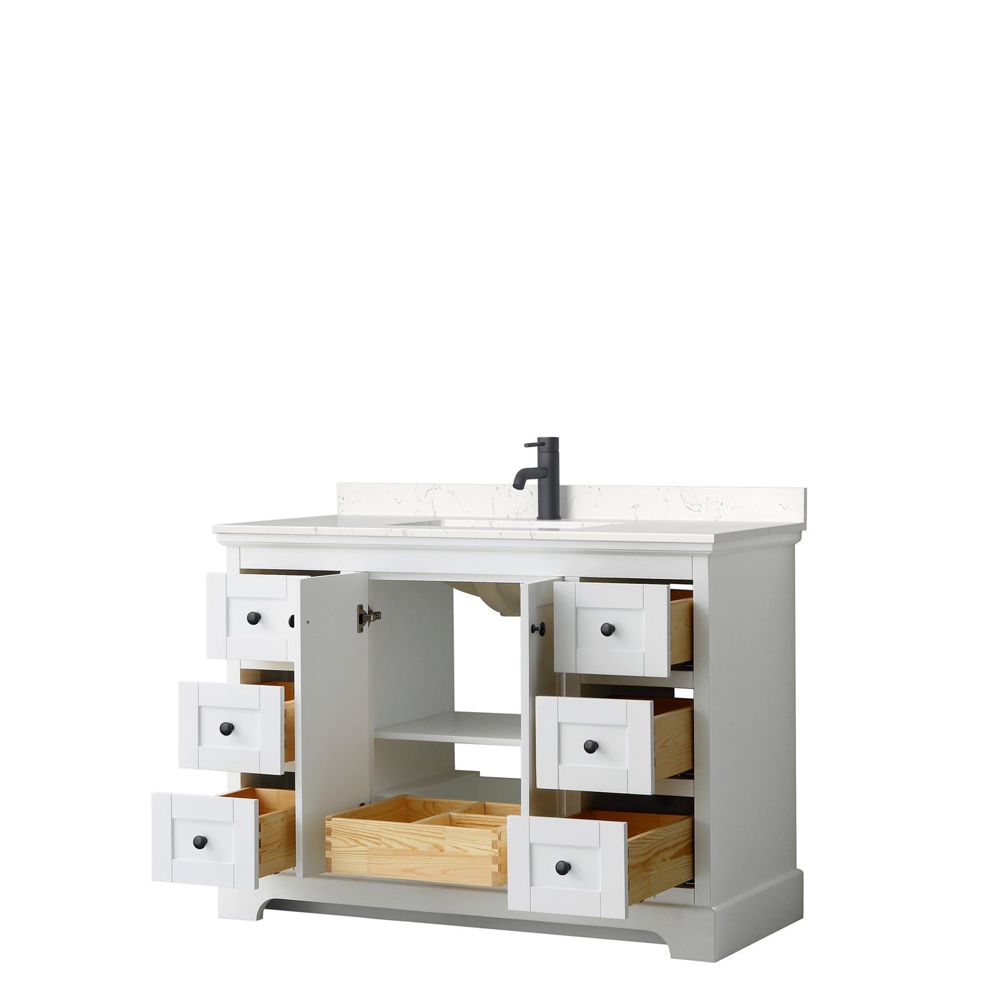 Avery 48 Inch Single Bathroom Vanity in White, Carrara Cultured Marble Countertop, Undermount Square Sink, Matte Black Trim