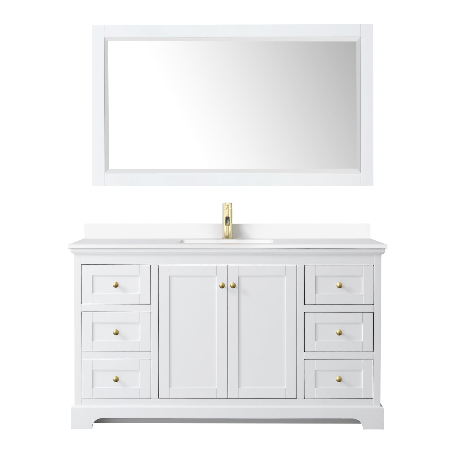 Avery 60 Inch Single Bathroom Vanity in White, White Cultured Marble Countertop, Undermount Square Sink, 58 Inch Mirror, Brushed Gold Trim